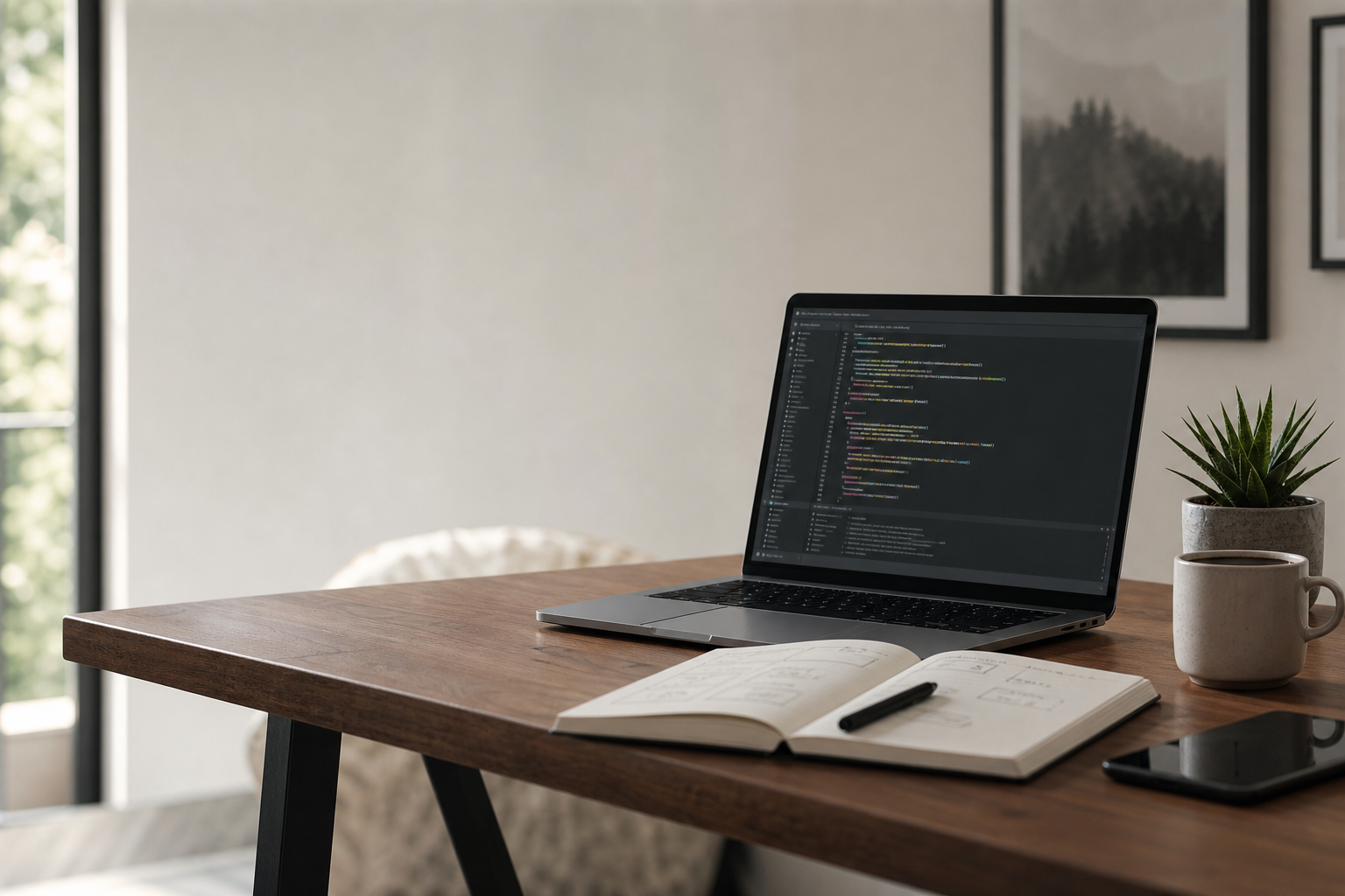 A clean developer workspace with a laptop, notebook, and daylight.